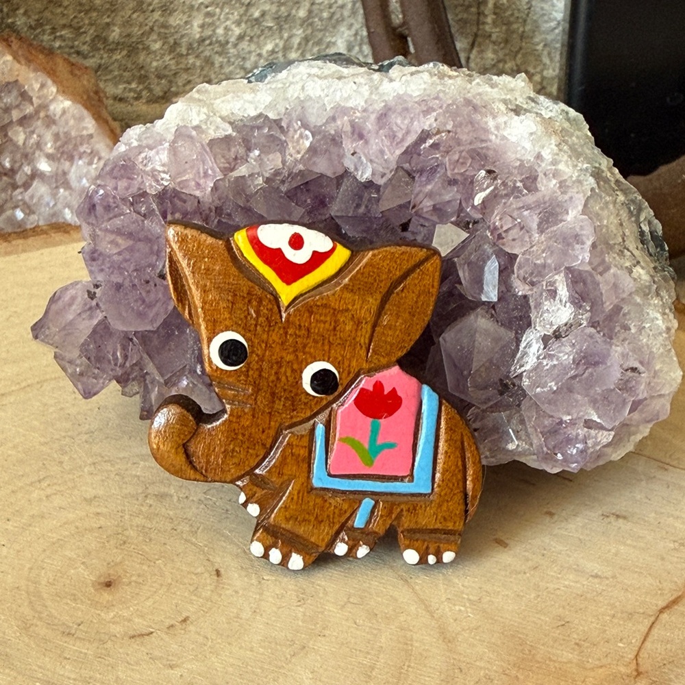Vintage Hand-Painted Wooden Elephant Pin - Brown with Pink & Blue Accents